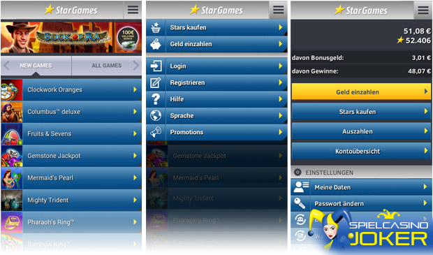 StarGames Handy Casino Benutzeroberfläche