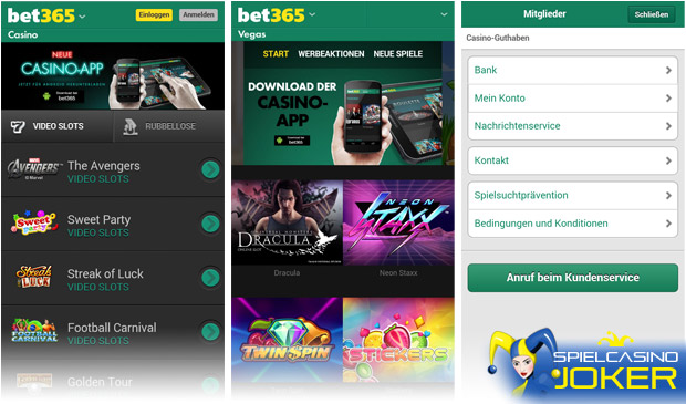 Bet365 Handy Casino Benutzeroberfläche